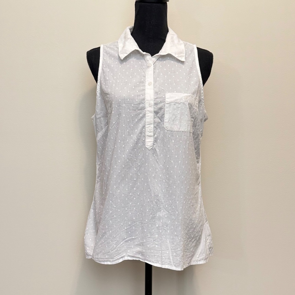 Columbia PFG Women L White Clip Dot Sleeveless Cotton Fishing Shirt ButtonUp Top